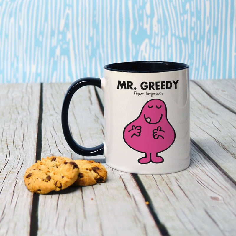 Mr. Greedy Large Porcelain Colour Handle Mug (Lifestyle)